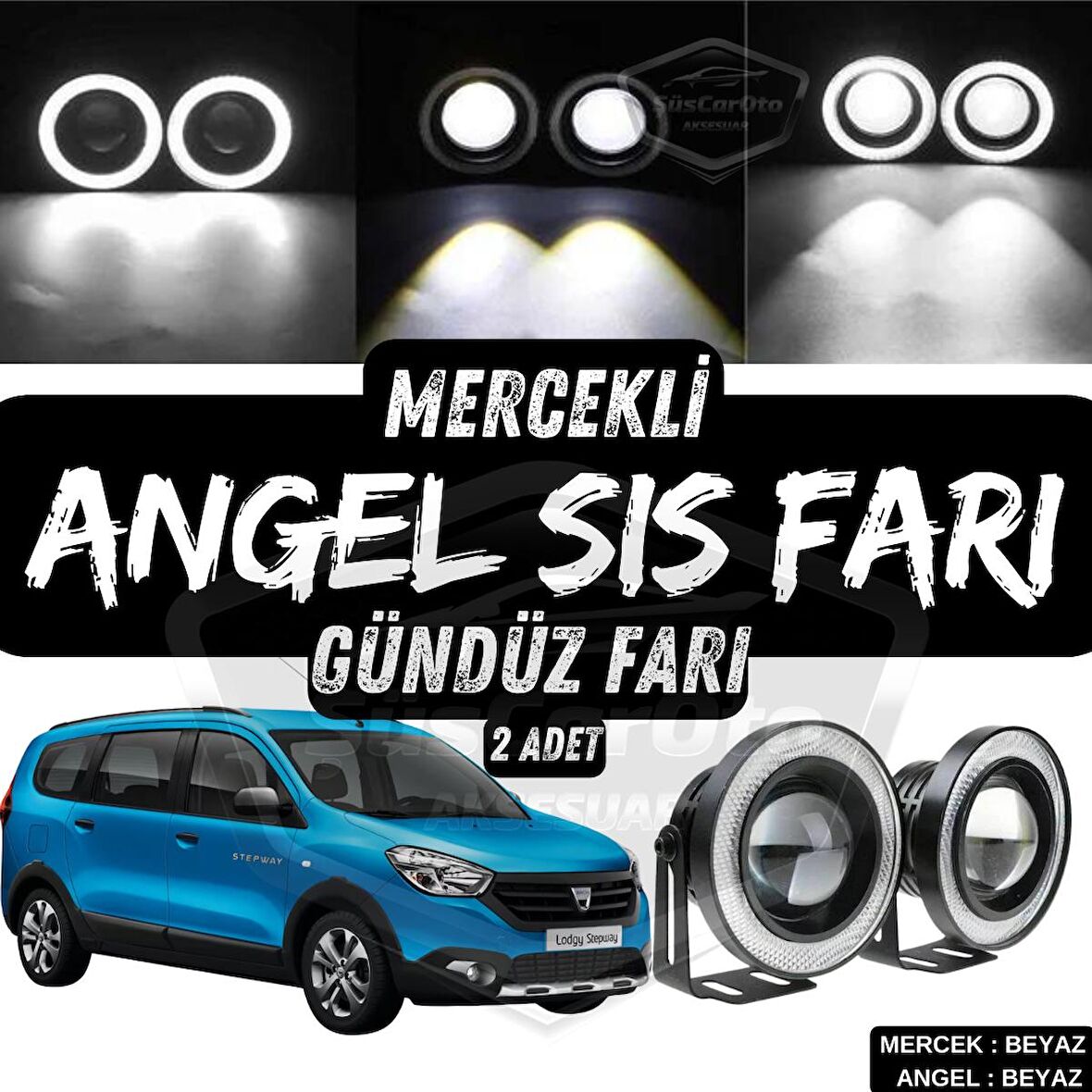 Dacia Lodgy 2012-2022 Uyumlu Üniversal Mercekli Angel Sis Farı Metal Su Geçirmez 76 mm Beyaz Halkalı Gündüz Farı Angel Eyes 2 Adet