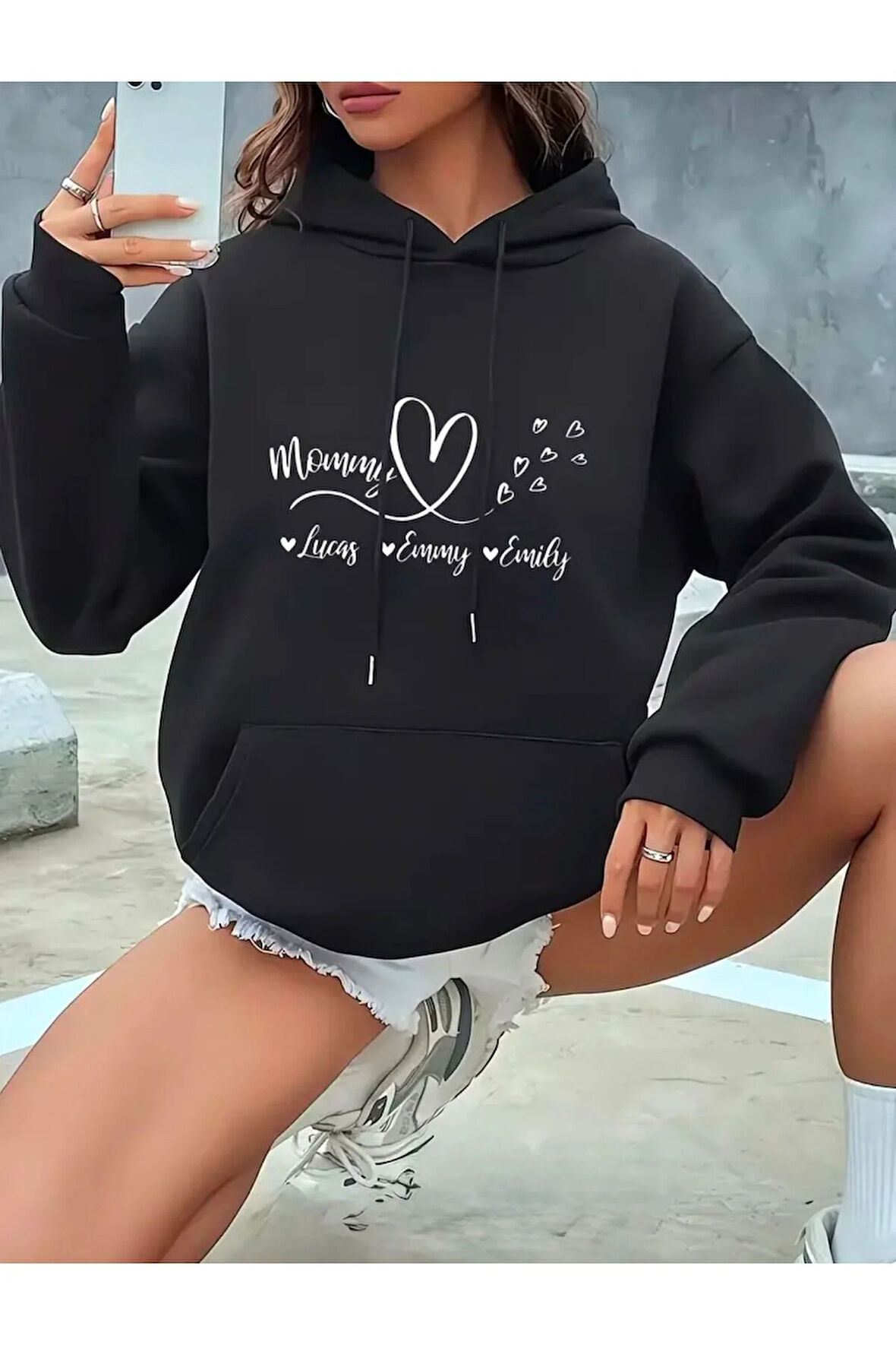 Mommy Kalp Baskılı kapüşonlu Cepli Sweatshirt
