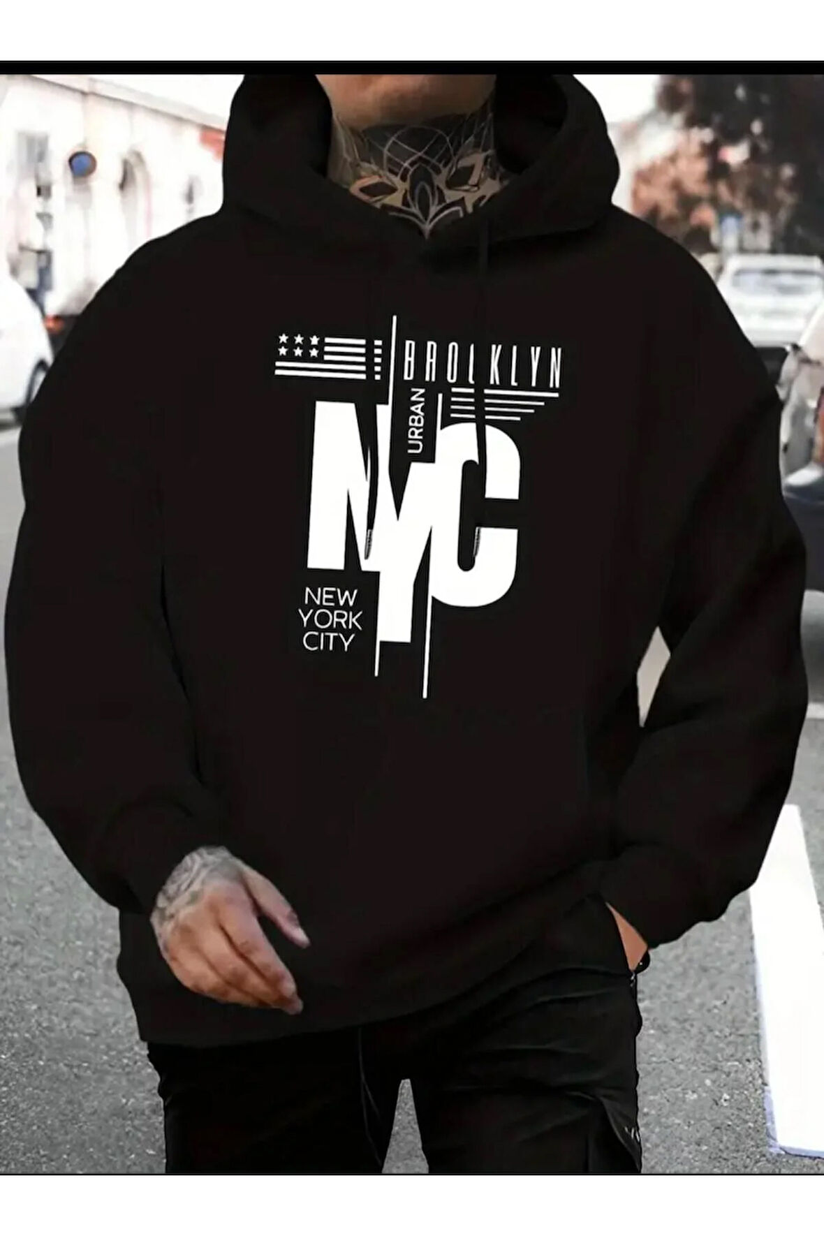 NYC Baskılı kapüşonlu Cepli Sweatshirt