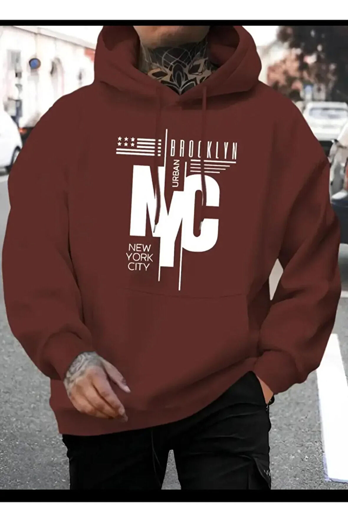 NYC Baskılı kapüşonlu Cepli Sweatshirt