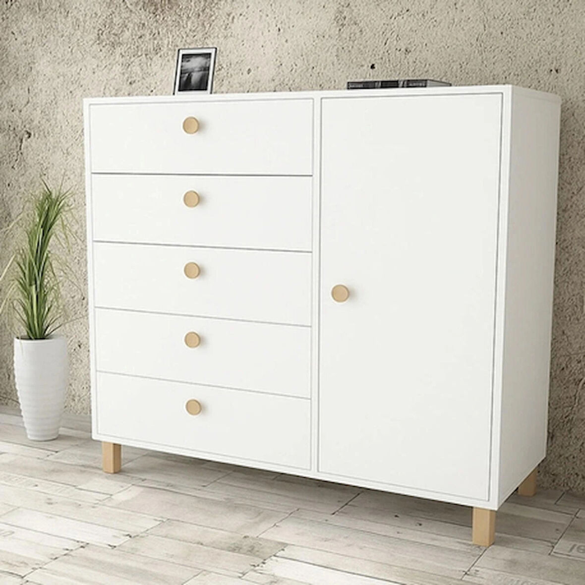 Kardela %100 Mdf Bebek Odası Çocuk Şifonyer 5 Çekmeceli Kapaklı Beyaz