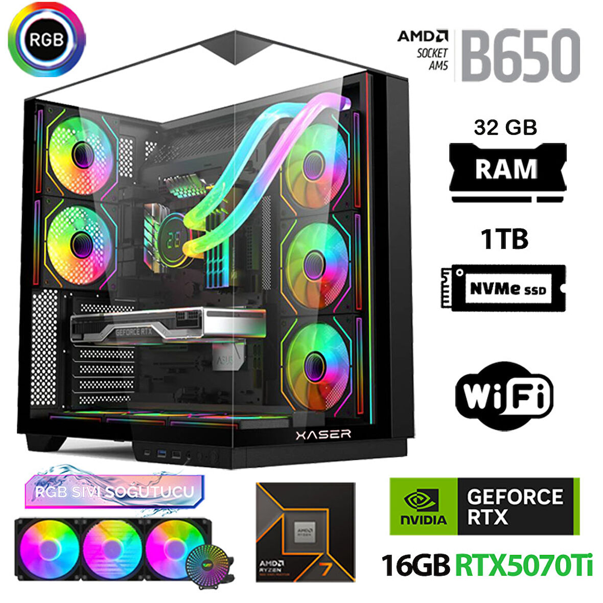 Xaser Queen X7 Ryzen 7 9800X3D 32GB Ram 1TB M.2 NVMe SSD 16GB RTX5070Ti Sıvı Soğutmalı Oyuncu Bilgisayarı