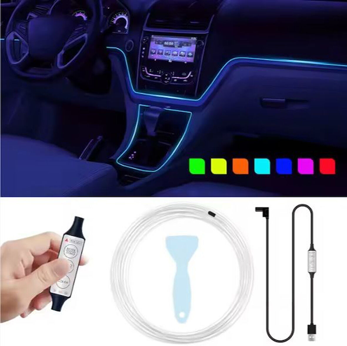 Araç İçi Torpido Ledi İp Neon Ambiyans Led RGB USB 5 Metre