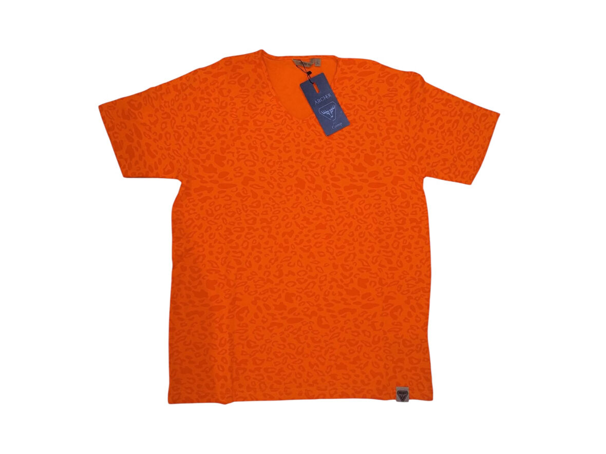 Turuncu Kamuflaj Desenli V Yaka T-Shirt - L