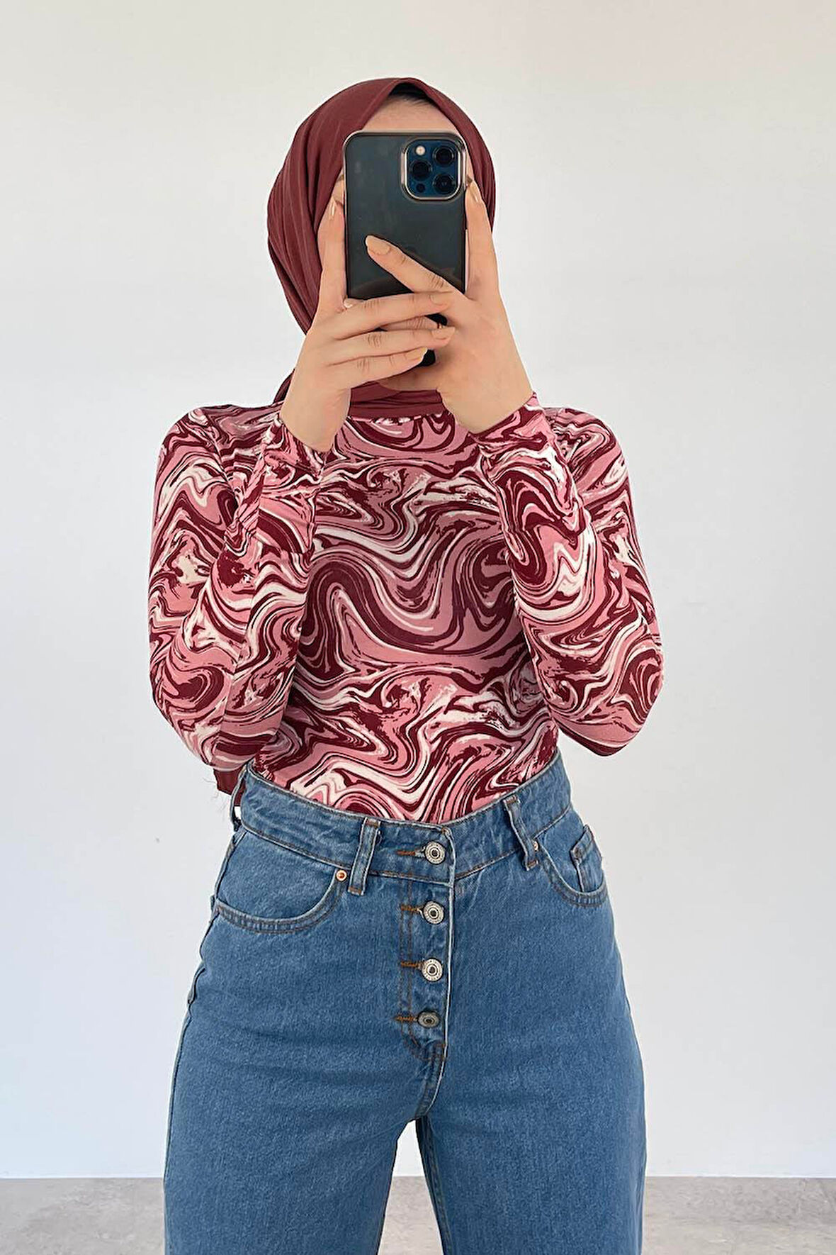 Bisiklet Yaka Ebru Desenli Body Vişne