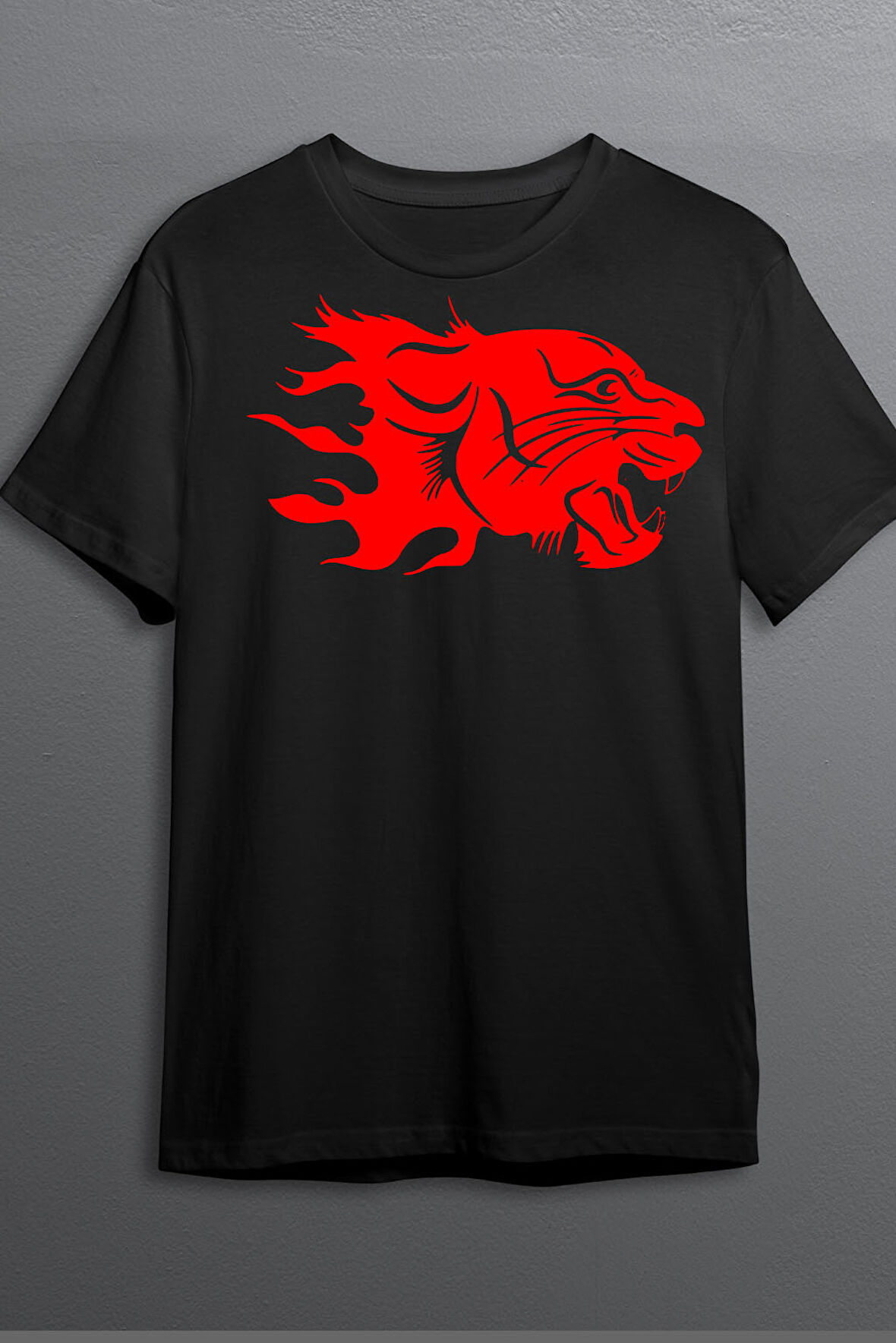 Kaplan Baskılı Pamuklu Likralı T-shirt (Kırmızı Desenli Siyah) XL Beden