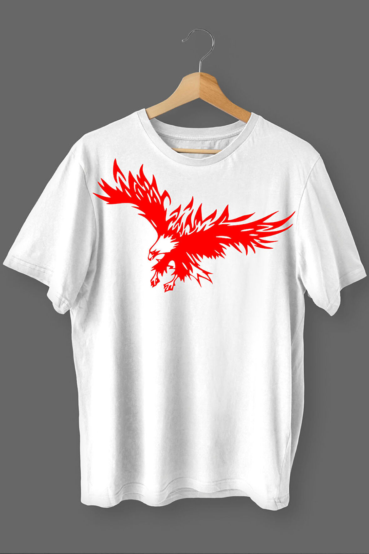 Kartal Baskılı Pamuklu Likralı T-shirt (Kırmızı Desenli Beyaz) L Beden