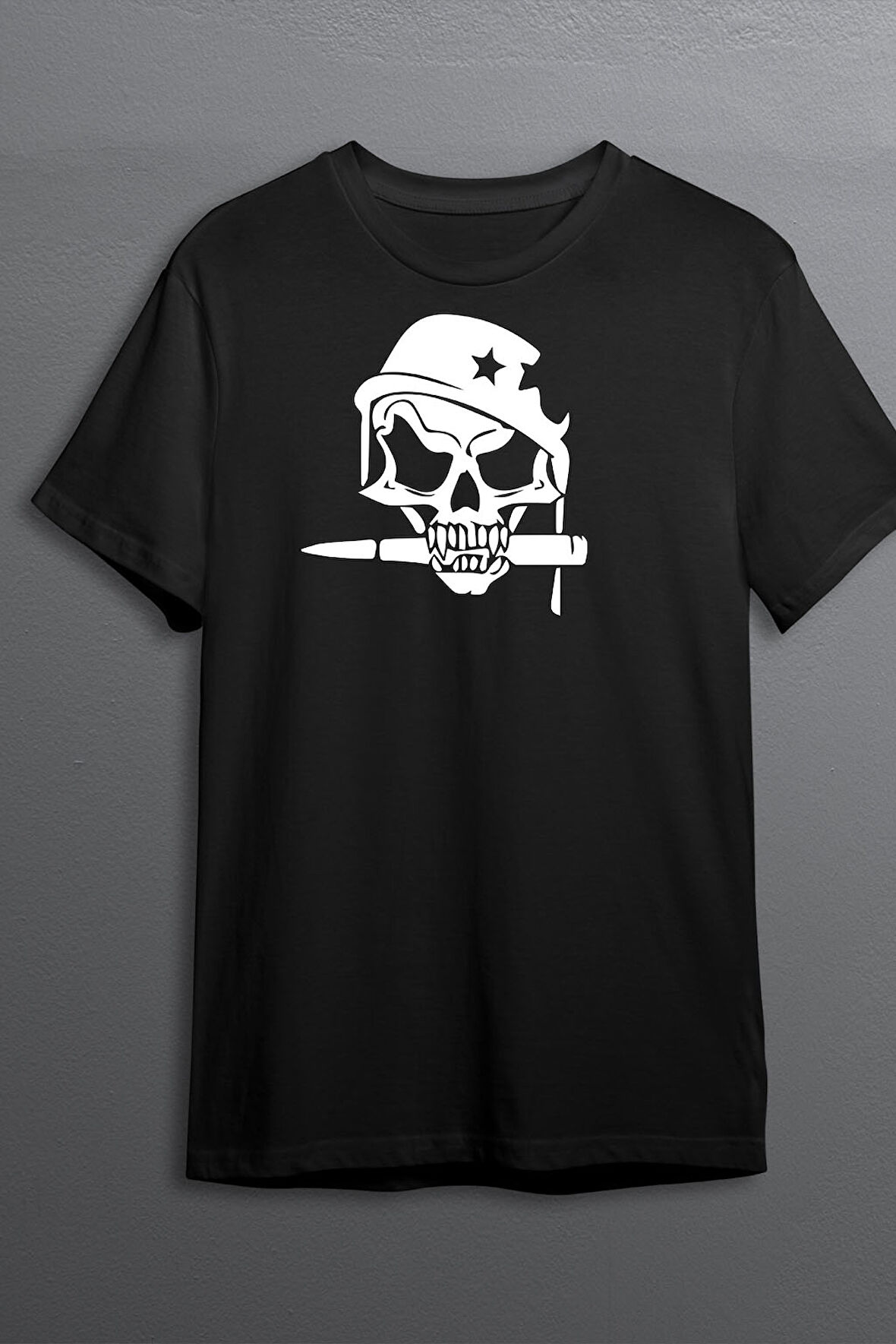 Kurukafa Baskılı Pamuklu Likralı T-shirt (Beyaz Desenli Siyah) L Beden