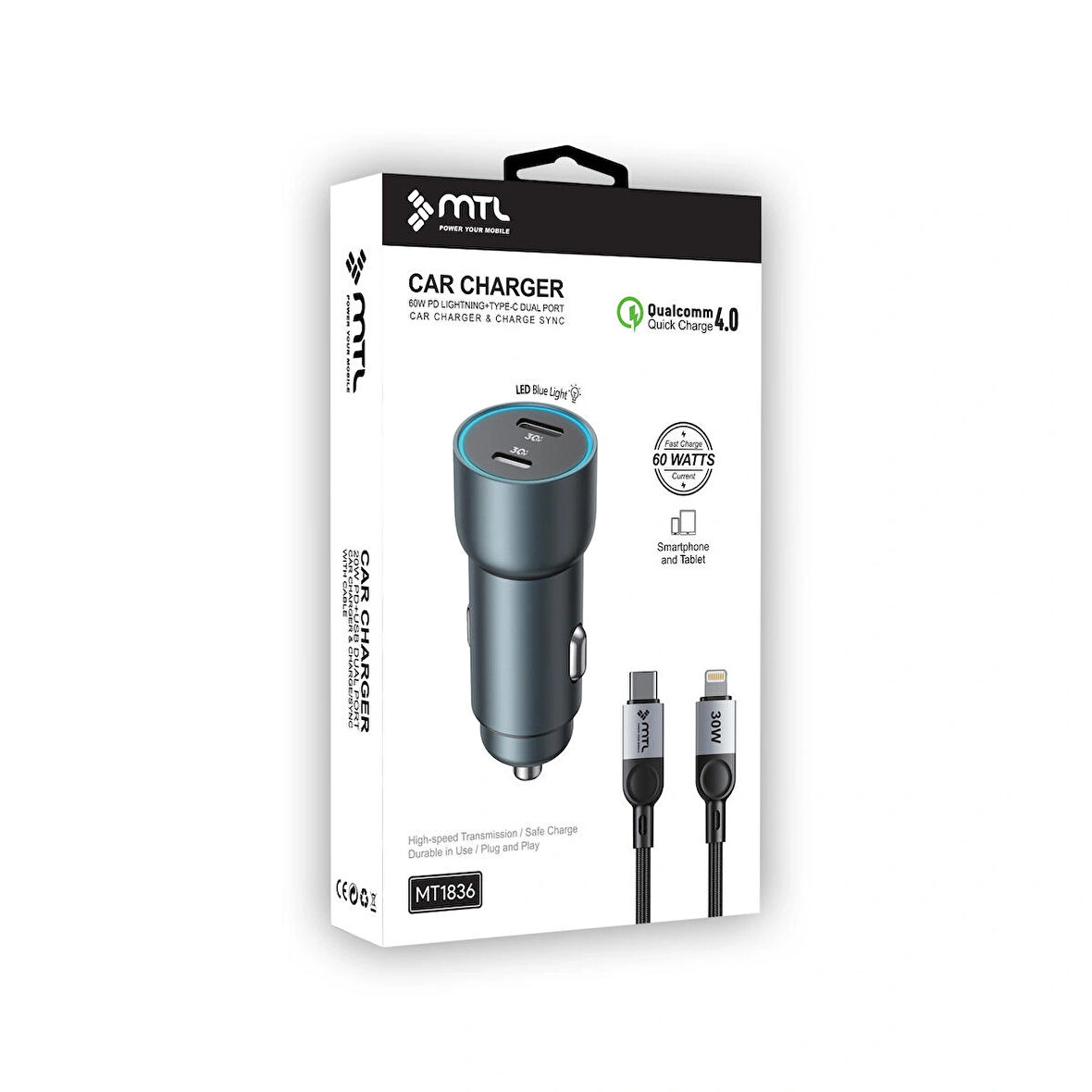 Araç Şarj Cihazı 60 W Çift Çıkışlı (Lightning Port ve Type-C Port Çıkışlı) MT1836