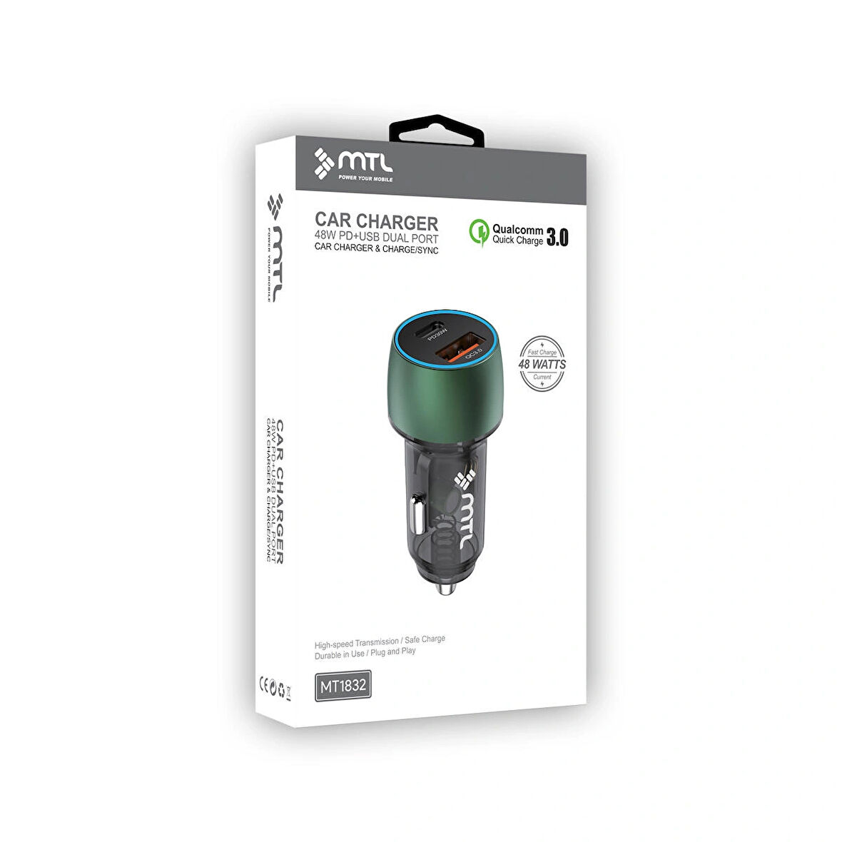 Araç Şarj Cihazı 48 W PD + QC 3.0 Çift Çıkışlı – Type‑C PD 30 W & USB‑A 18 W MT1832
