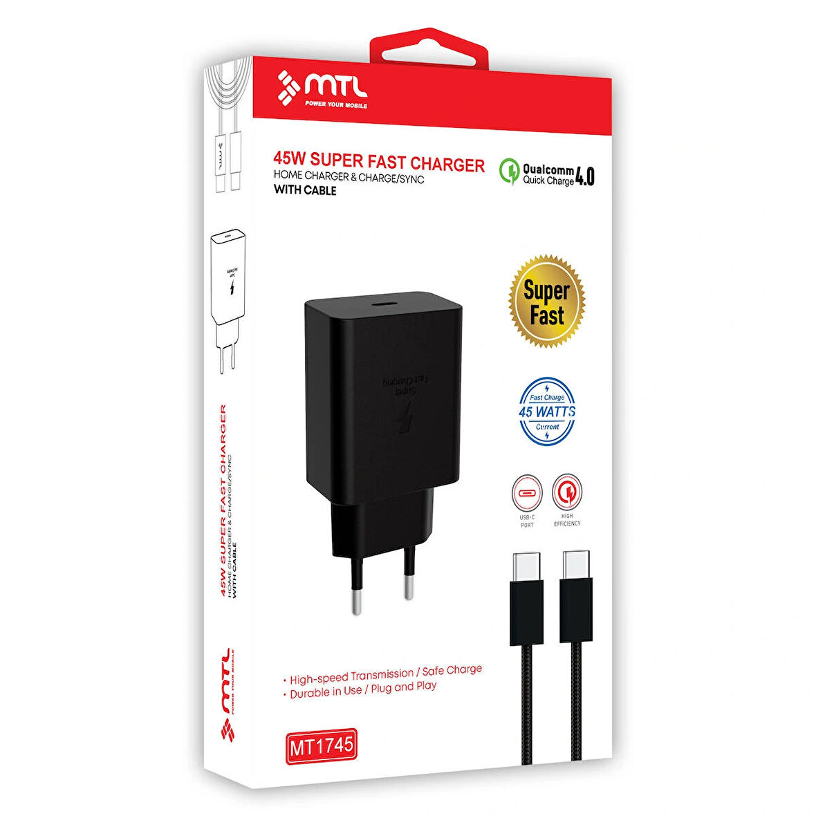 45W SÜPER FAST QC 4.0 PD TYPE-C TO TYPE-C EV ŞARJ CİHAZI MT1745