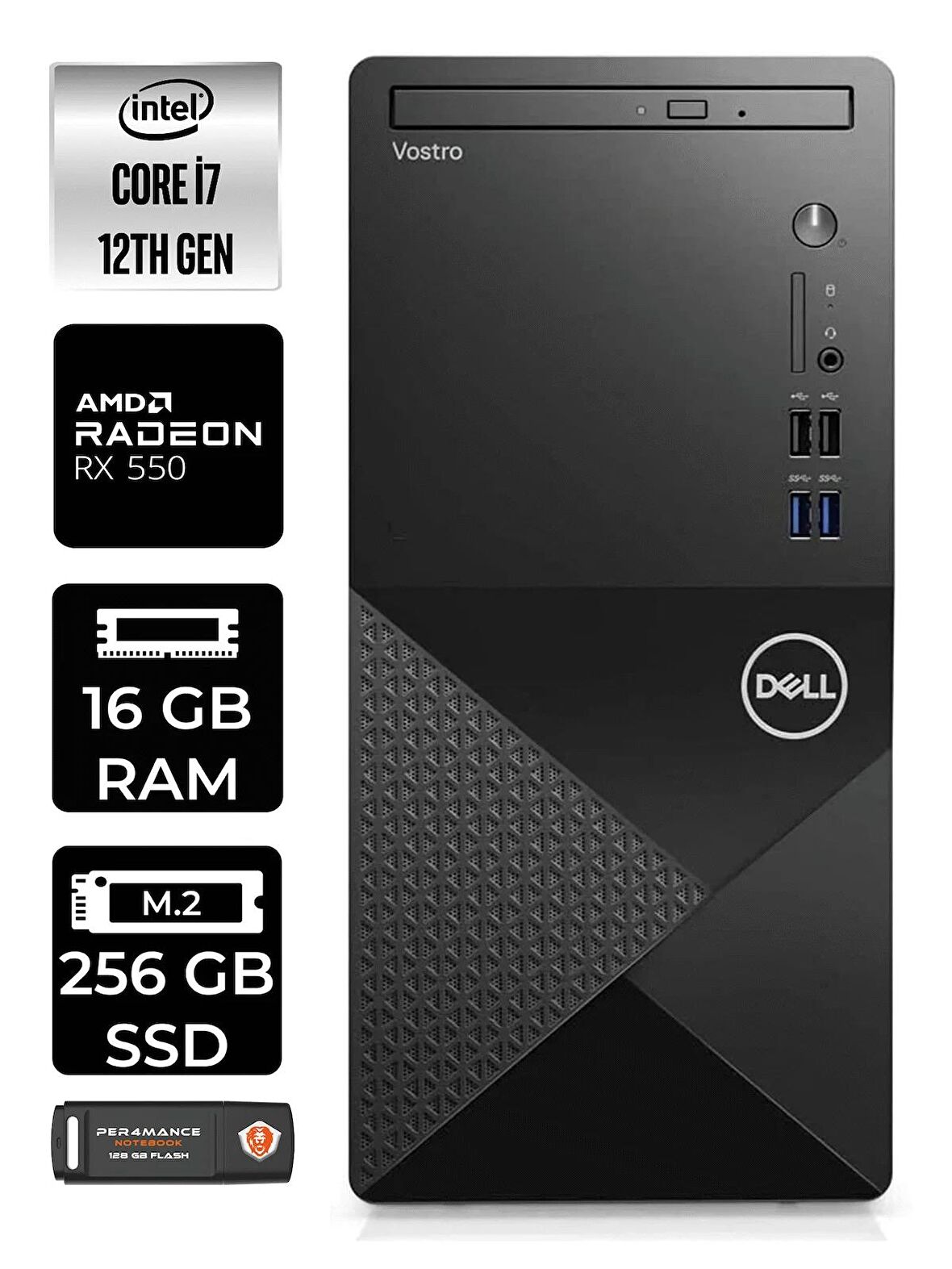 DELL VOSTRO i7 12700 16GB RAM 256GB SSD RX550/4GB FDOS N7600VDT3910 MASAÜSTÜ PC & PER4 BELLEK