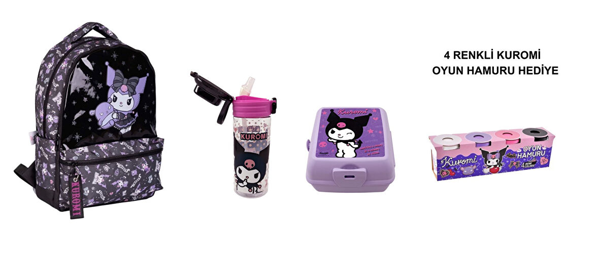 Kuromi Okul Çantası,Beslenme Kabı ve Matara (KUROMİ OYUN HAMURU HEDİYELİ)