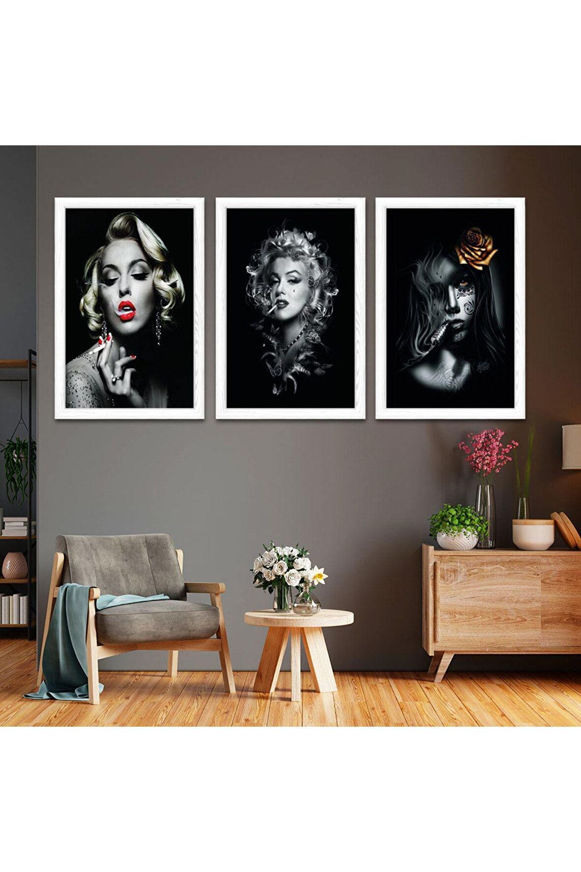 Gümüş Aynalı Pleksi Çerçeveli Kolaj Çizim Üçlü Mdf Tablo Seti