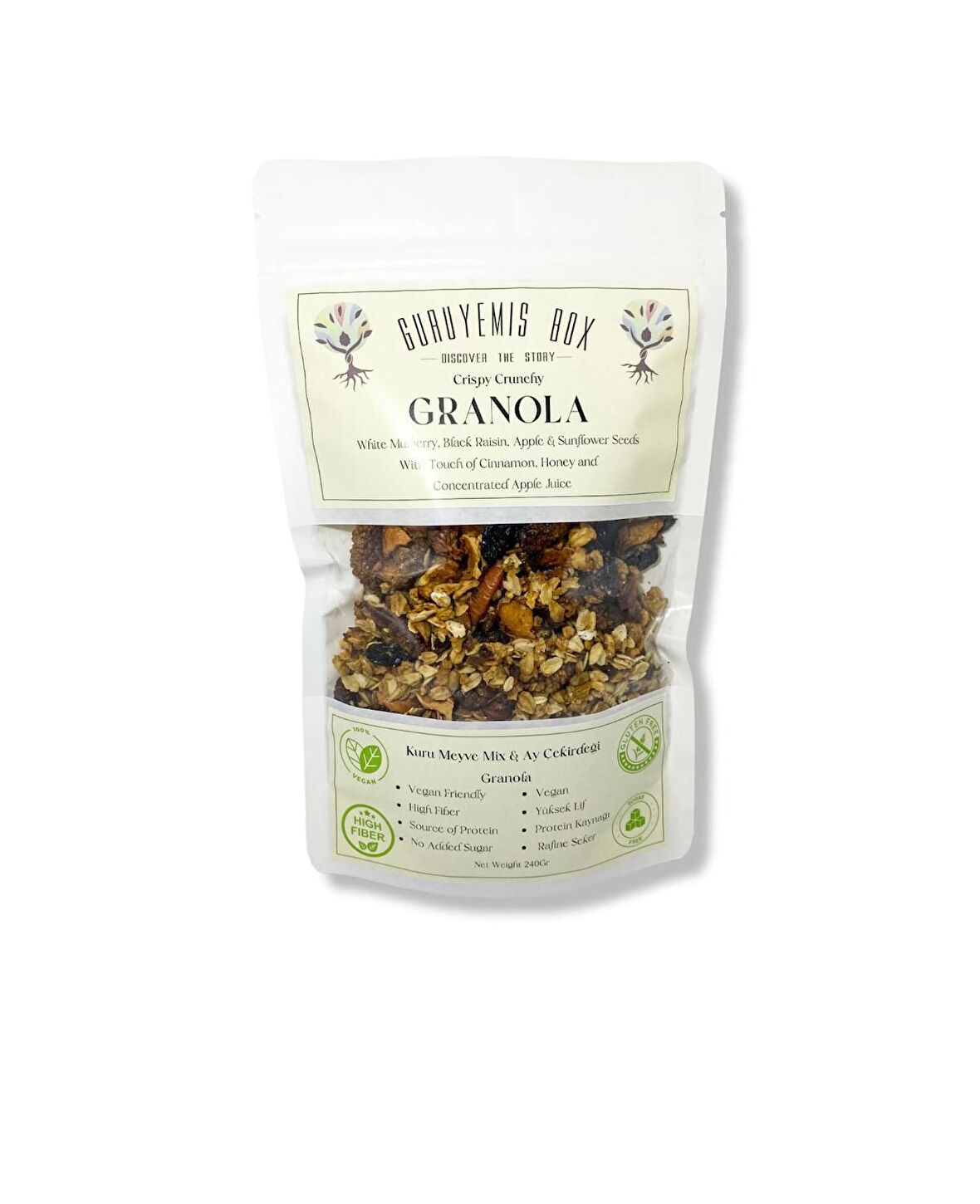 GRANOLA KAHVALTILIK GEVREK BOL KURU MEYVELİ AYÇEKİRDEKLİ DUT ÜZÜM ELMA VE BAL TARÇIN VEGAN ŞEKERSİZ GLUTENSİZ 240GR