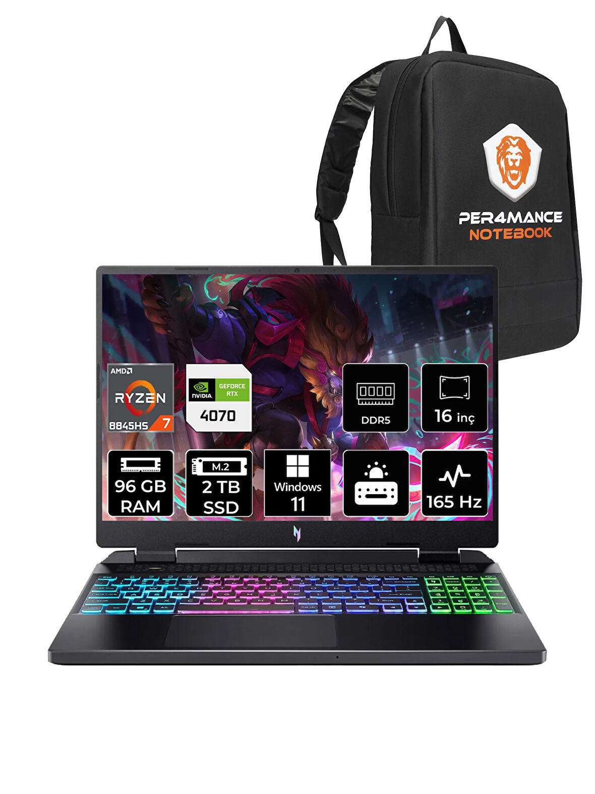 ACER Nitro 16 R7-8845HS 96GB 2TB SSD RTX4070/8GB 140W 16'' 165Hz WQXGA W11P & PER4 ÇANTA