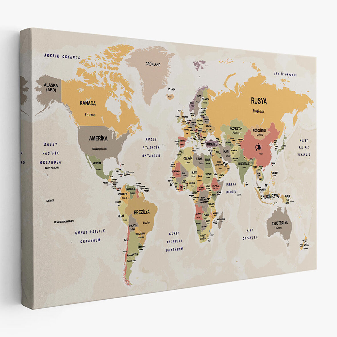 Harita Sepeti Türkçe Dünya Haritası Kanvas Tablo Ülke Başkentli ve Okyanus Detaylı Tablo 2744