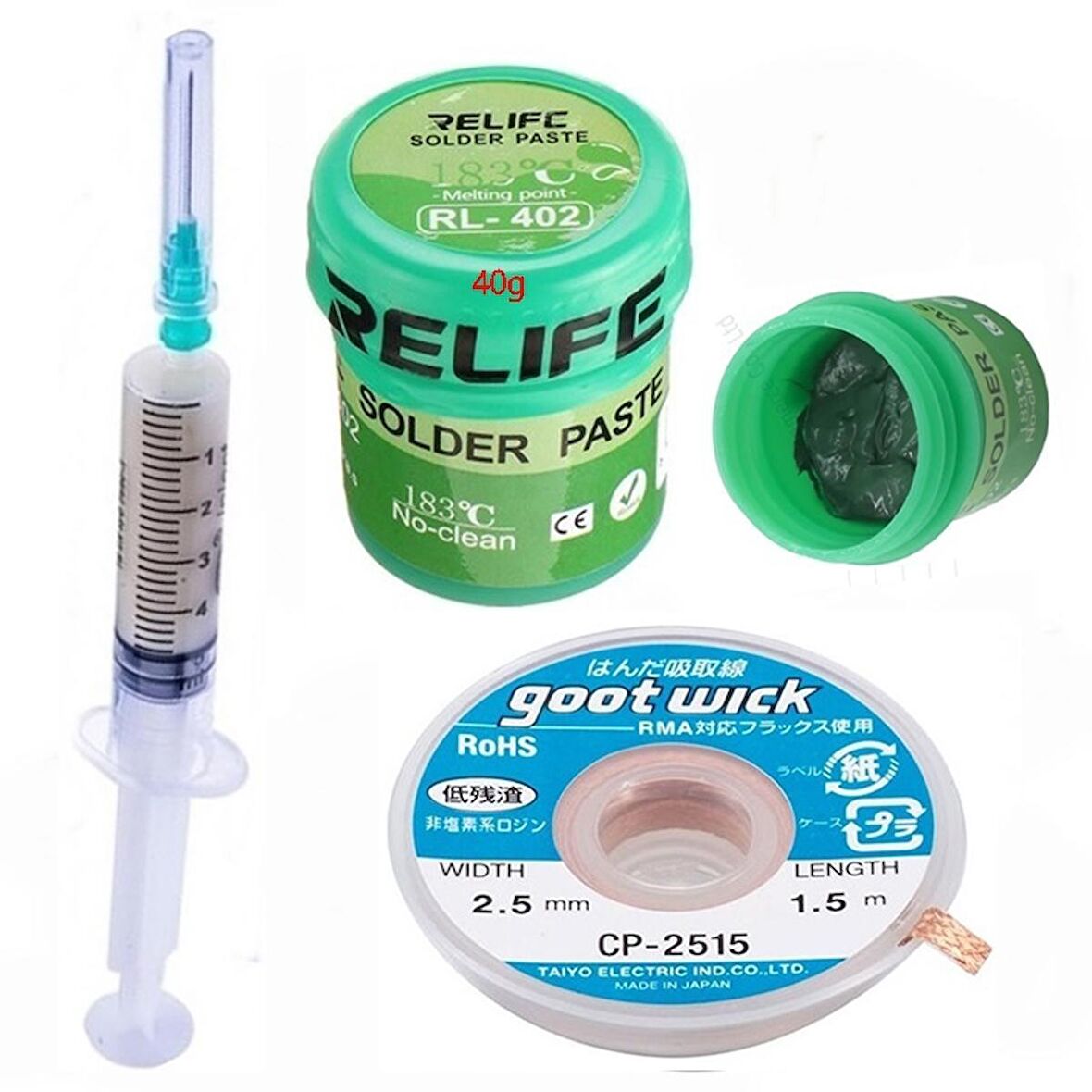 RELIFE RL-402 Krem Lehim Paste  40G Ve Flux Lehim Toplama Ve CP 2515 Emme Teli Seti