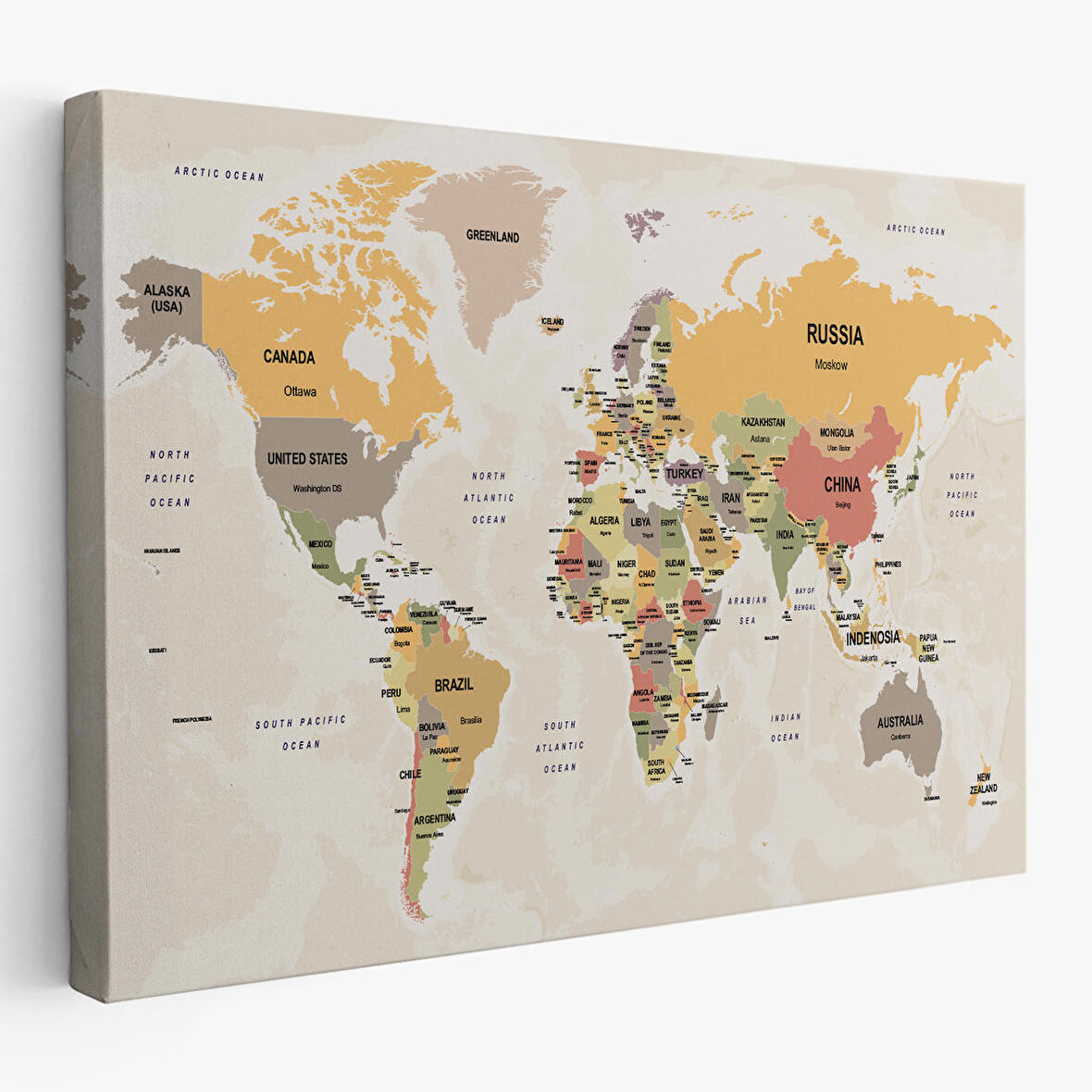 Harita Sepeti Dünya Haritası Kanvas Tablo Ülke Başkentli ve Okyanus Detaylı Tablo 2745