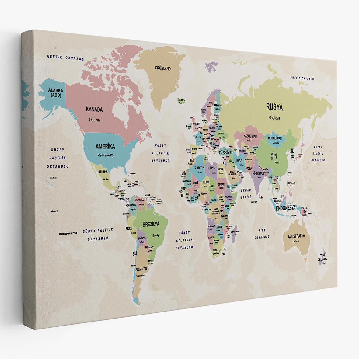 Harita Sepeti Türkçe Dünya Haritası Kanvas Tablo Ülke Başkentli ve Okyanus Detaylı Tablo 2748