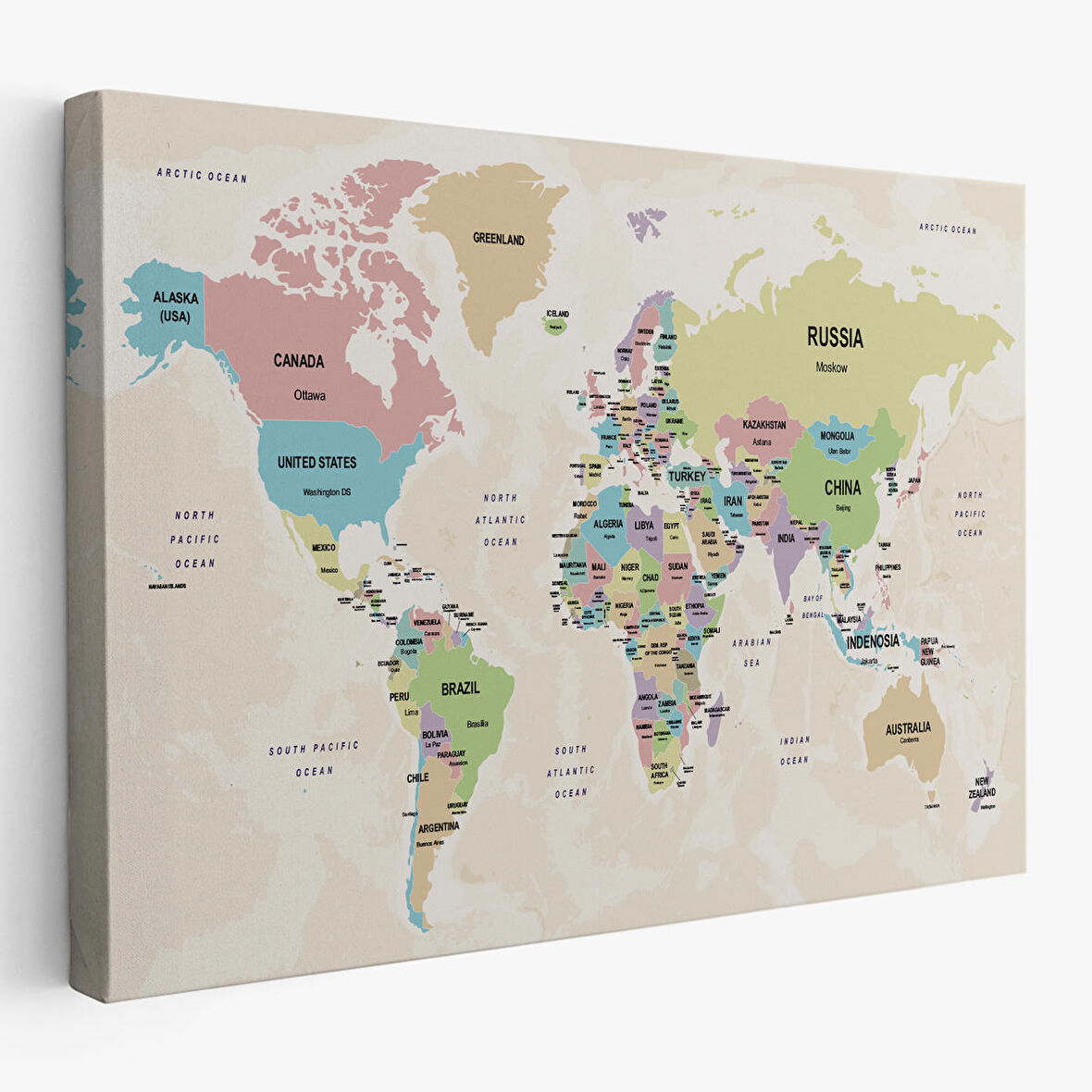 Harita Sepeti Dünya Haritası Kanvas Tablo Ülke Başkentli ve Okyanus Detaylı Tablo 2749