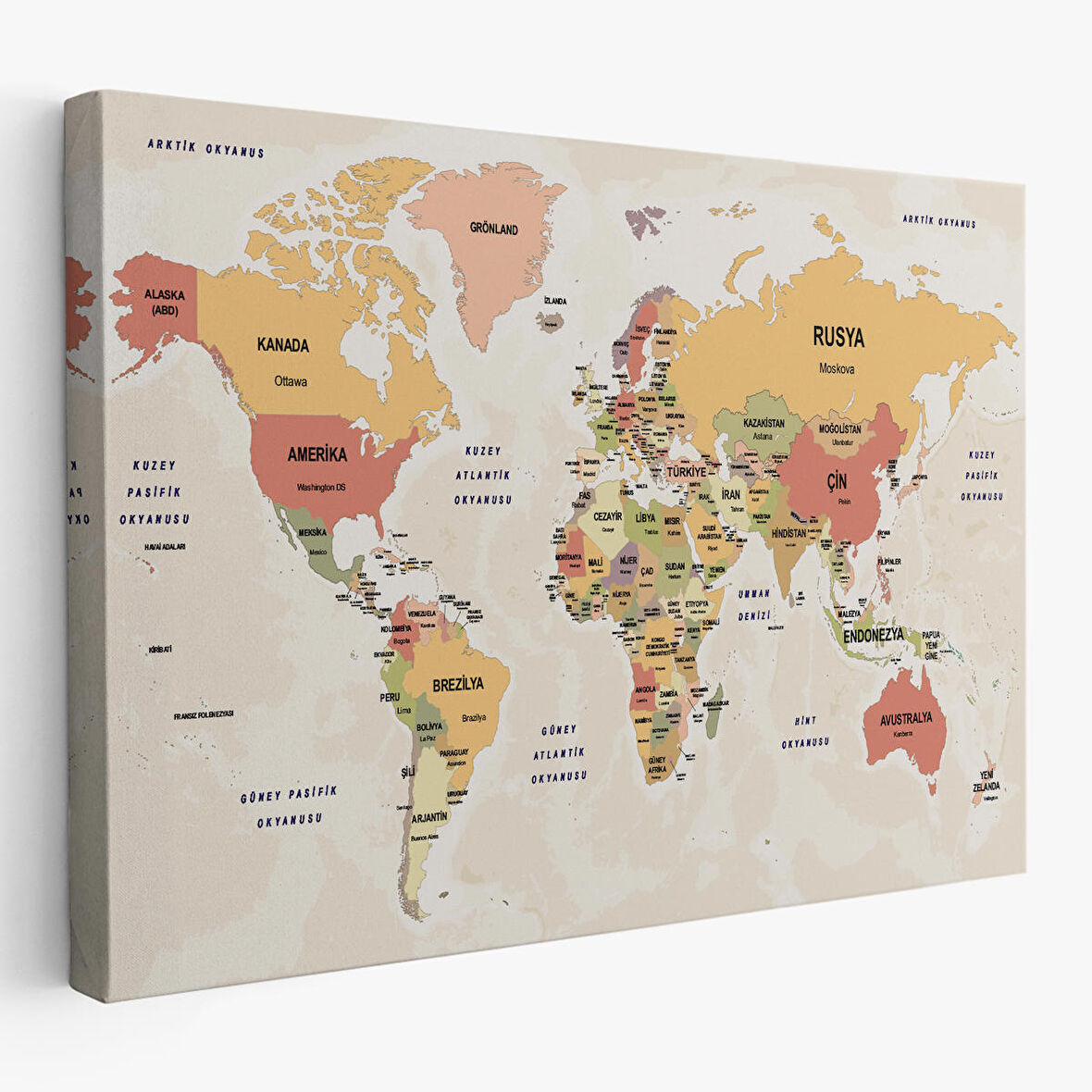 Harita Sepeti Türkçe Dünya Haritası Kanvas Tablo Ülke Başkentli ve Okyanus Detaylı Tablo 2750