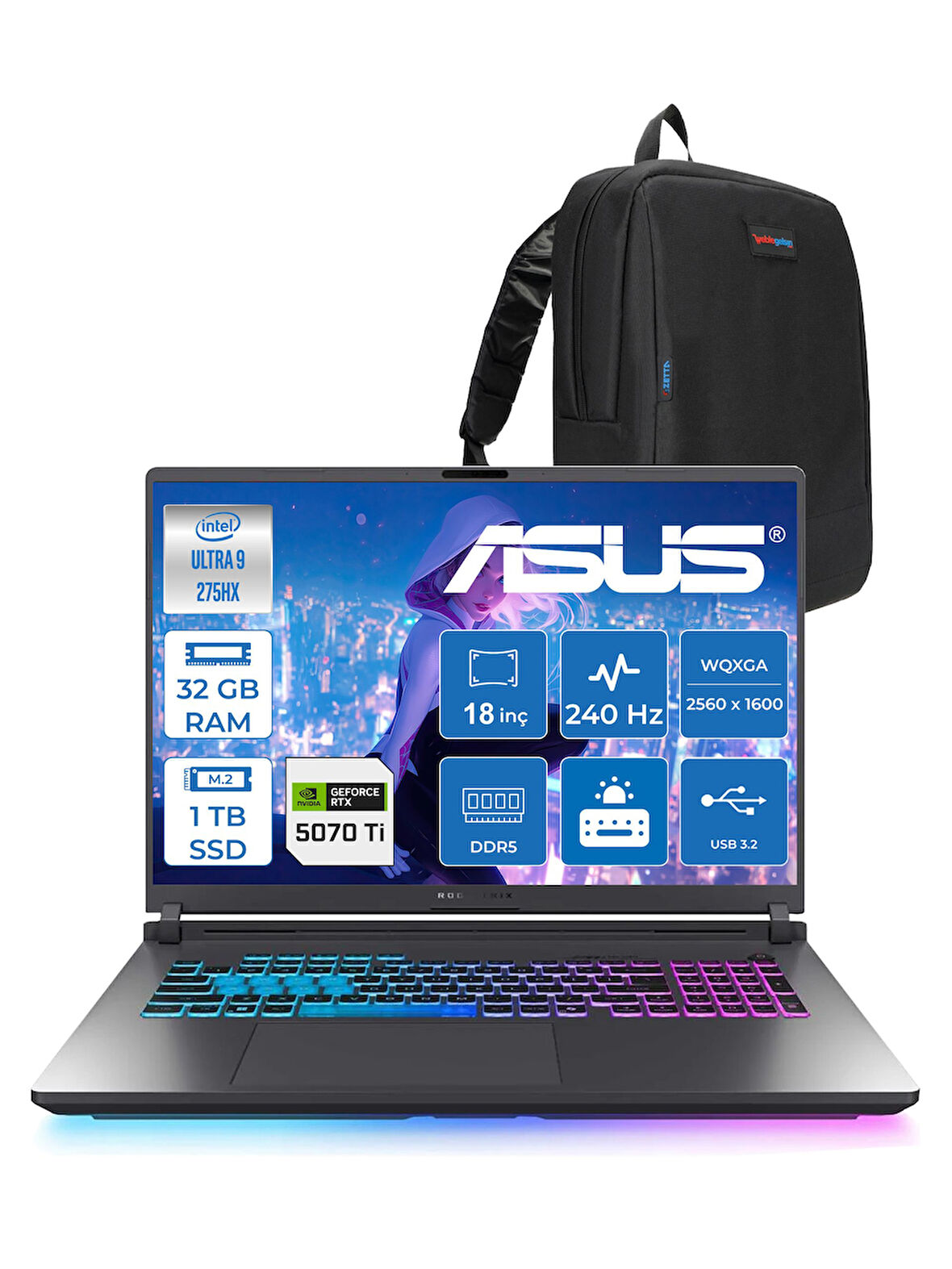 Asus Rog Strix G18 G815LR-S9156 Ultra 9 275HX Aı 32GB GB 1tb SSD 12GB/RTX5070Tİ Gddr7 175W 18" 2.5k Wqxga 240Hz 3ms 500NITS Freedos Taşınabilir Bilgisayar WS9156F11+ZETTAÇANTA