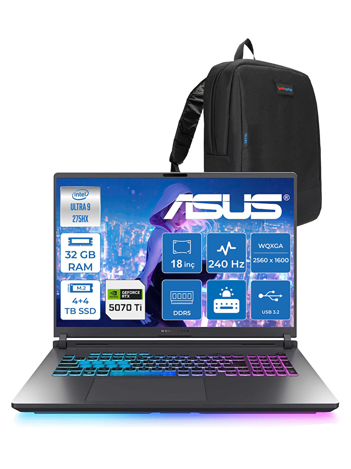 Asus Rog Strix G18 G815LR-S9156 Ultra 9 275HX Aı 32GB GB 4tb Ssd+4tb SSD 12GB/RTX5070Tİ Gddr7 175W 18" 2.5k Wqxga 240Hz 3ms 500NITS Freedos Taşınabilir Bilgisayar WS9156F16+ZETTAÇANTA