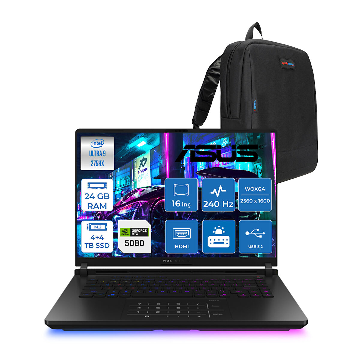 Asus Rog Strix Scar 16 G635LW-RW141 Intel Core Ultra 9 275HX Aı 24GB GB 4tb Ssd+4tb SSD 16GB/RTX5080 Gddr7 175W 16" 2.5k (2560X1600,WQXGA) 240Hz 3ms 1200NITS Freedos Laptop WSA141F08+ZETTAÇANTA