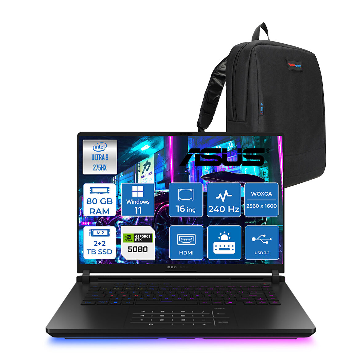 Asus Rog Strix Scar 16 G635LW-RW141 Intel Core Ultra 9 275HX Aı 80GB GB 2tb+2tb 16GB/RTX5080 Gddr7 175W 16" 2.5k (2560X1600,WQXGA) 240Hz 3ms 1200NITS Windows 11 Pro Laptop WSA141W38+ZETTAÇANTA