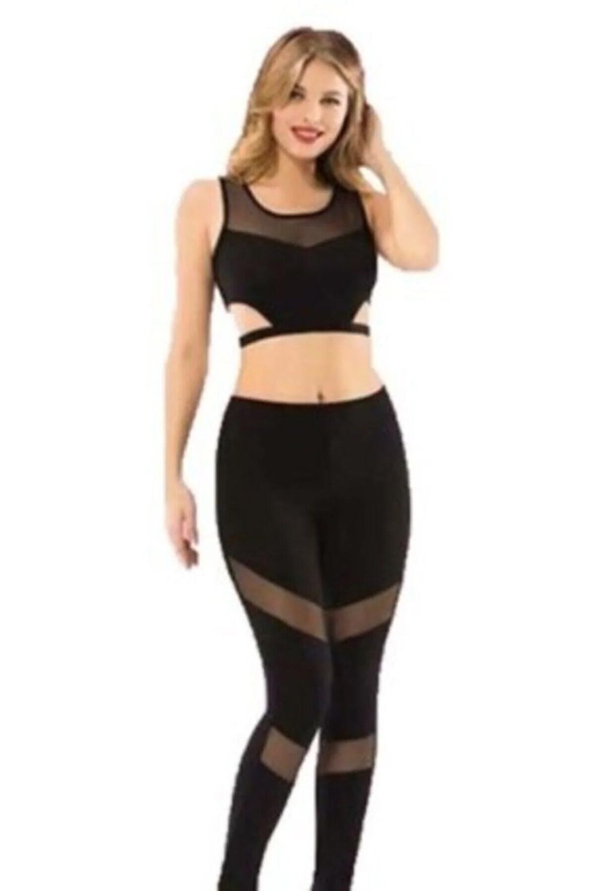 Kadın Siyah Tül Detaylı Sporcu Tayt 4071