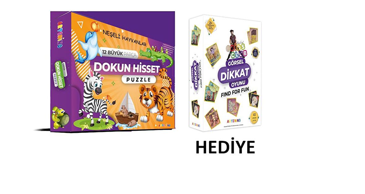 Artenino Neşeli Hayvanlar Dokun Hisset 0+ Yaş Büyük Boy Puzzle 12 Parça + Clup Görsel Dikkat Oyun Hediyeli