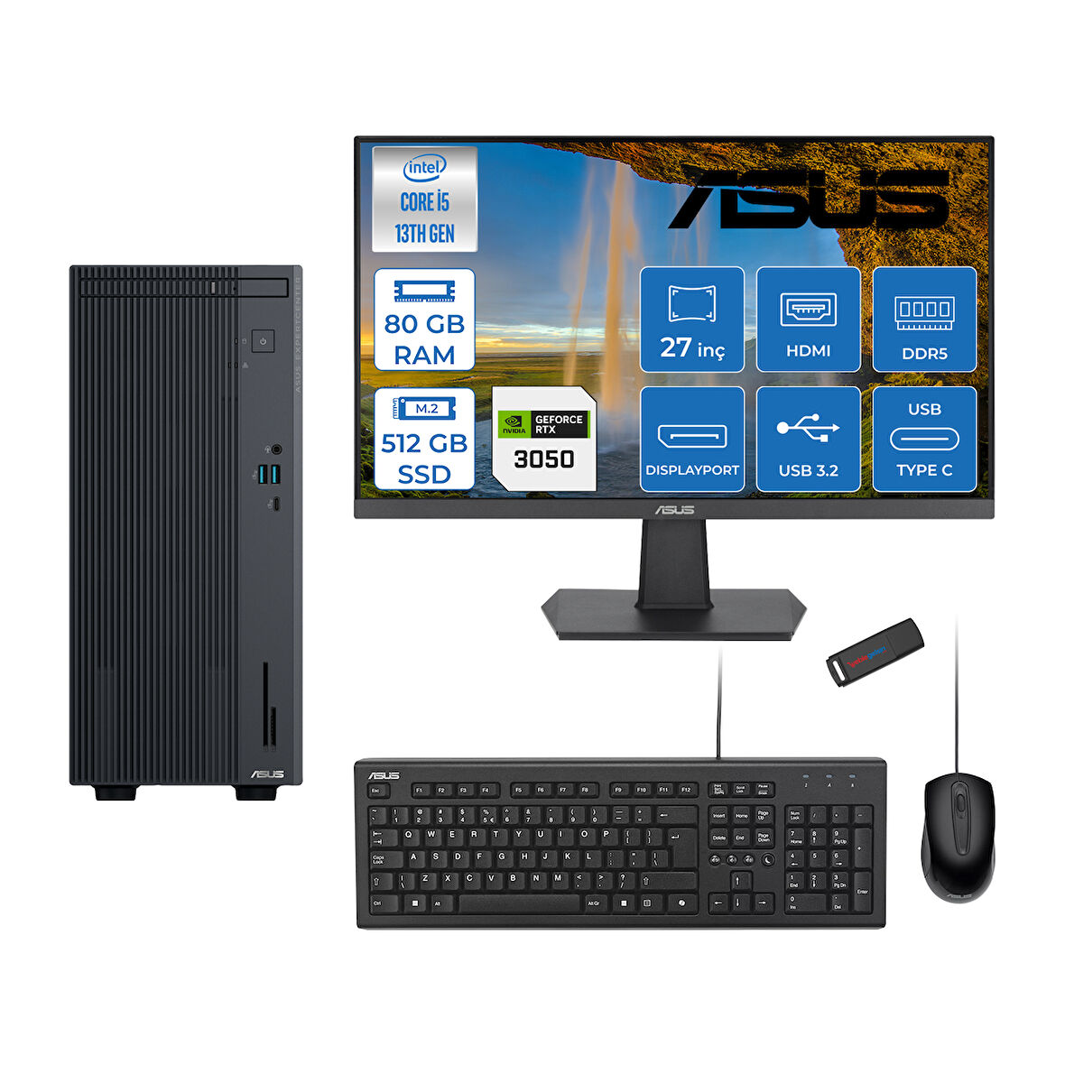 Asus Expertcenter P500MV Intel Core İ5-13420H 80GB Ddr5 512GB SSD Freedos 6GB/RTX3050 100HZ IPS 27" Mon Minitower Masaüstübilgisayar WM5136216512B0DF27+ZETTAUSBBELLEK