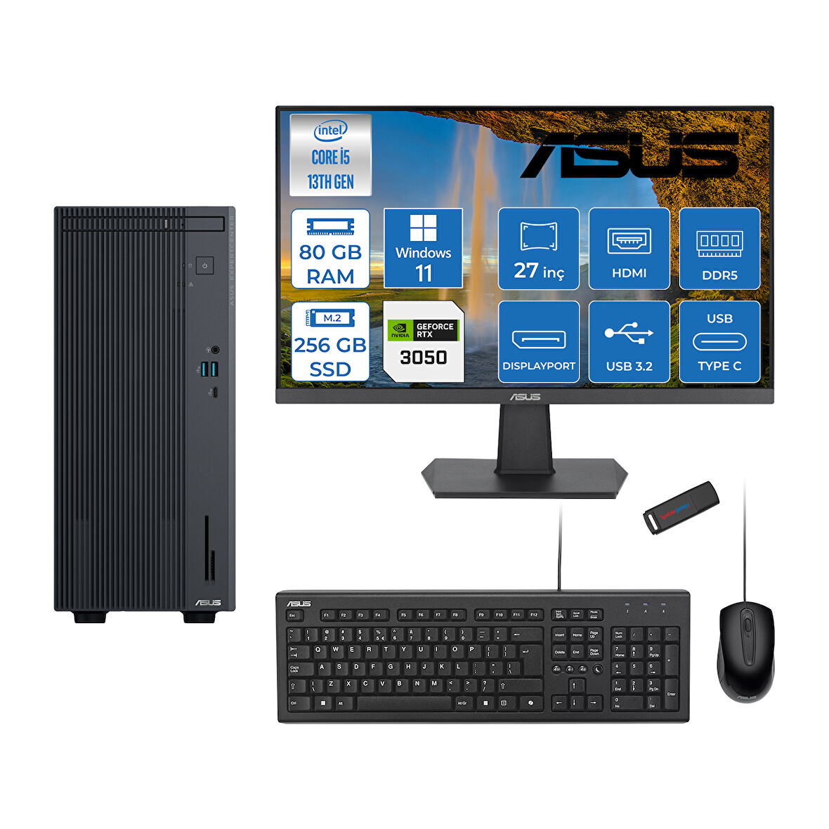 Asus Expertcenter P500MV Intel Core İ5-13420H 80GB Ddr5 256GB SSD WIN11HOME 6GB/RTX3050 100HZ IPS 27" Mon Minitower Masaüstübilgisayar WM5136216512B0DH26+ZETTAUSBBELLEK