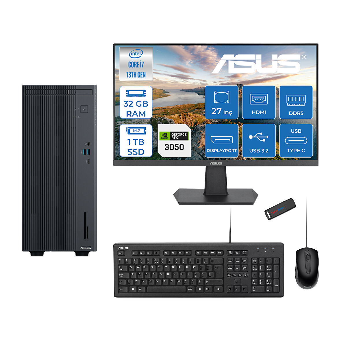 Asus Expertcenter P500MV Intel Core I7-13620H 32GB Ddr5 1tb SSD Freedos 6GB/RTX3050 100HZ IPS 27" Mon Minitower Masaüstübilgisayar WM7136216512B0DF13+ZETTAUSBBELLEK