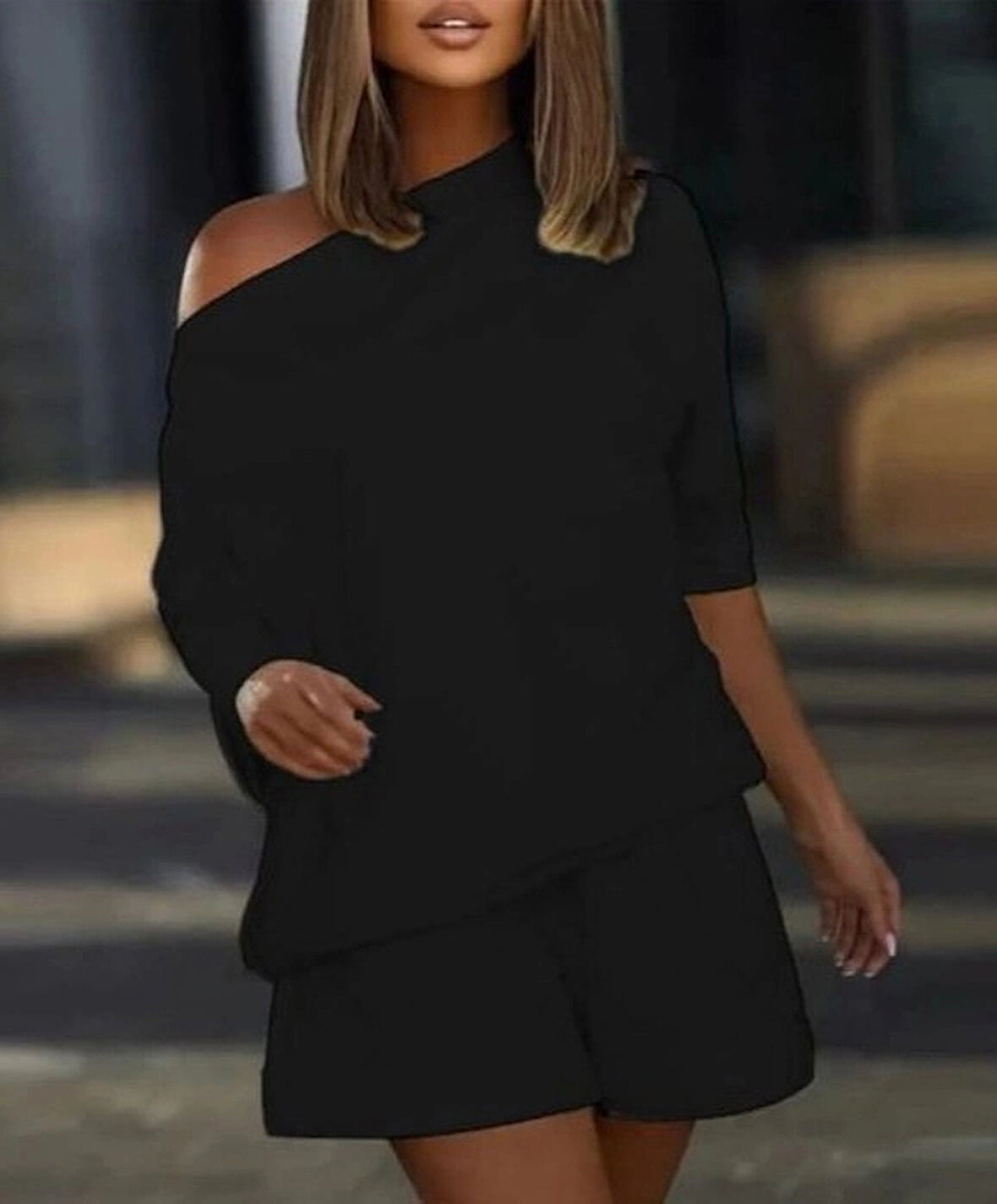 MDB Kadın Kayık Yaka Salaş Iki Iplik Bluz Ve şort Ikili Takım