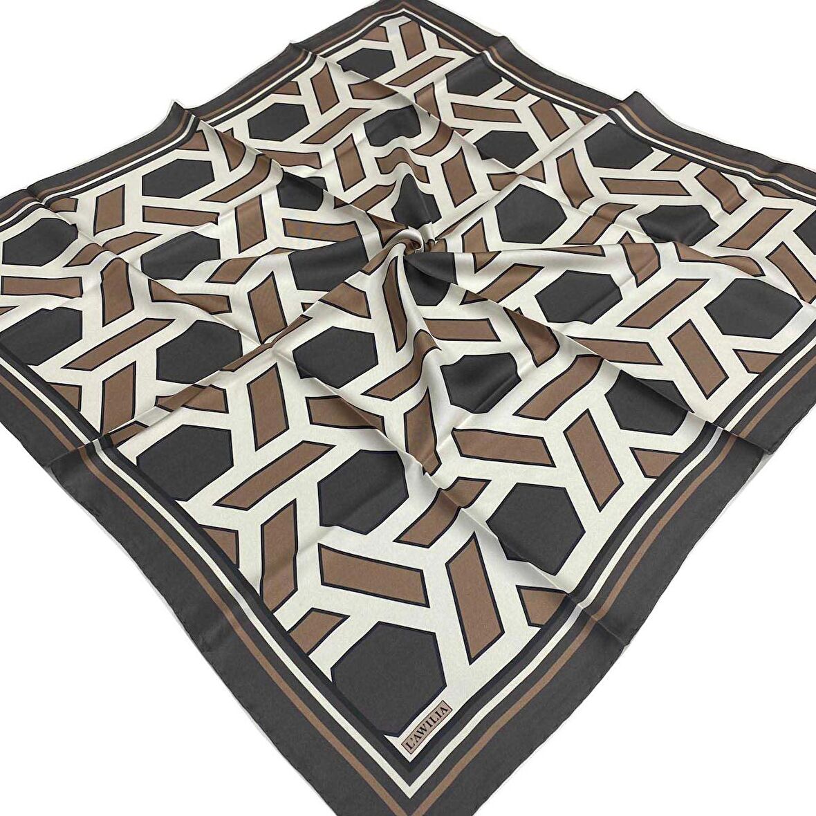 L'awilia Füme Kahverengi Geometrik Desen Tivil İpek Eşarp 29027-39