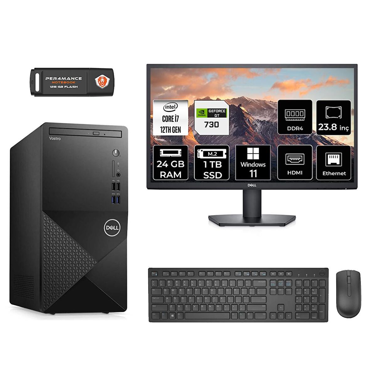 Dell Vostro 3910MT i7 12700 24GB 1TB SSD GT730/4GB W11P N7600VDT3910 MASAÜSTÜ PC & 23.8" MONİTÖR