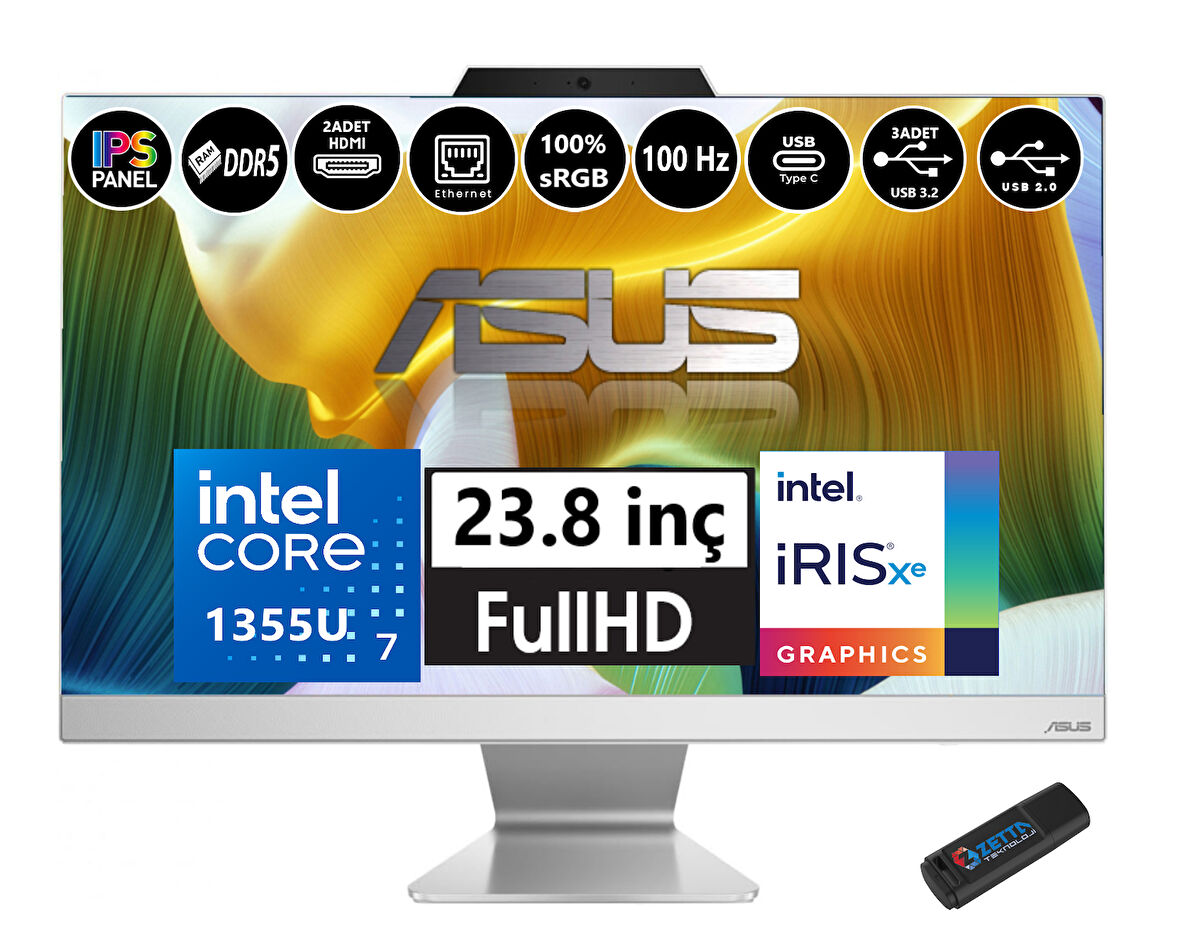 Asus WA3402WBAK-I716512W0D Intel Core I7 1355U 32GB Ddr5 1tb SSD Fhd 23.8" IPS 100Hz Beyaz WINDOWS11PRO All In One Bilgisayar WI716512W0DW08+ZETTAUSBBELLEK