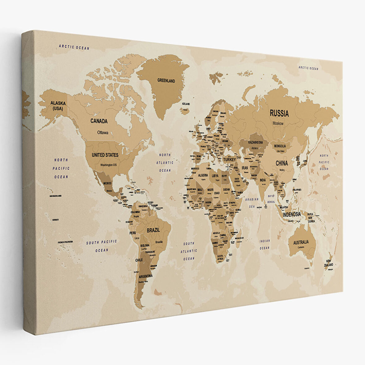 Harita Sepeti Dünya Haritası Kanvas Tablo Ülke Başkentli ve Okyanus Detaylı Tablo 2765