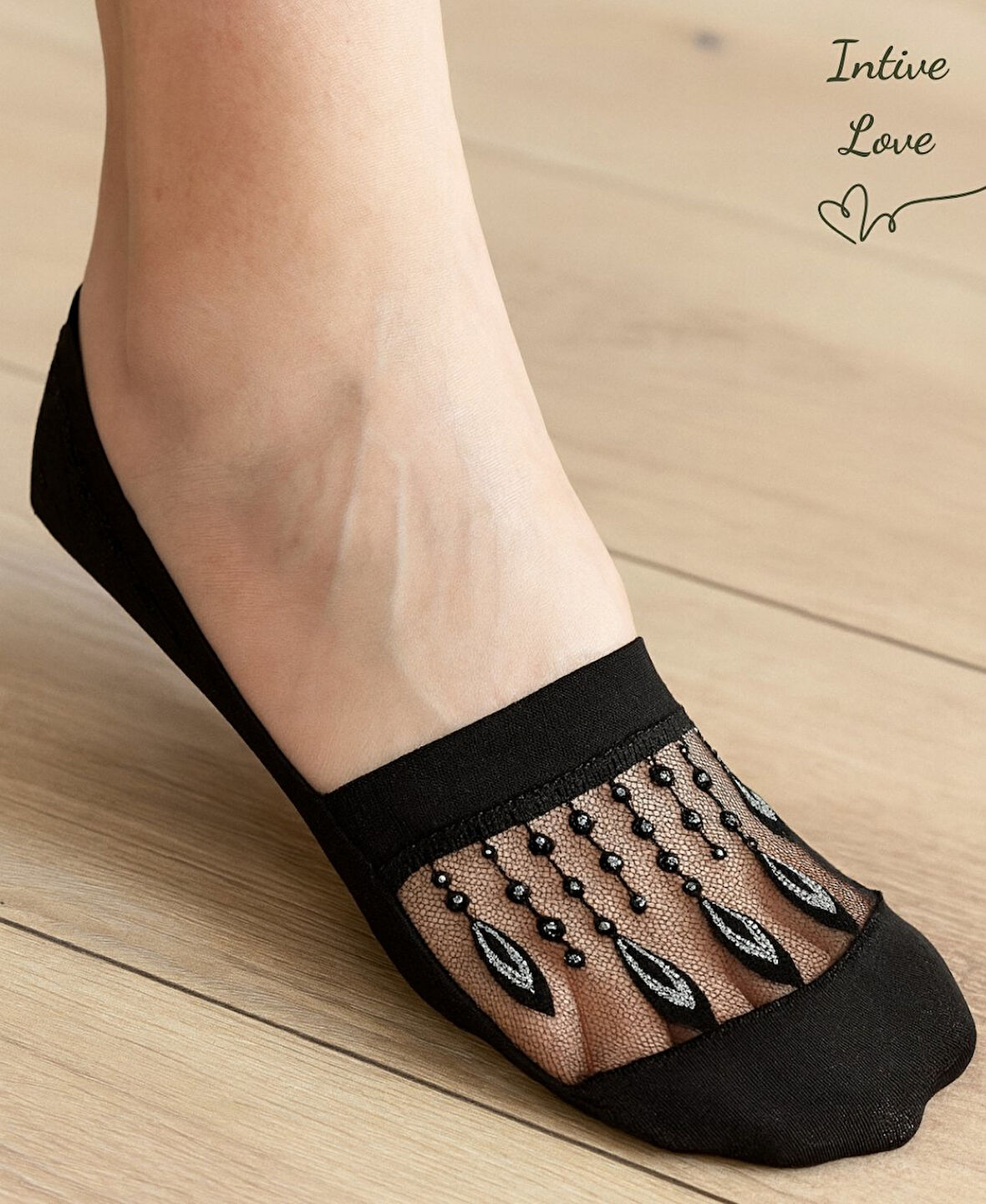 Zeyna Önü Transparan Gold/Gümüş İşlemeli Burnu Kapalı Feminen Şık Babet Çorabı