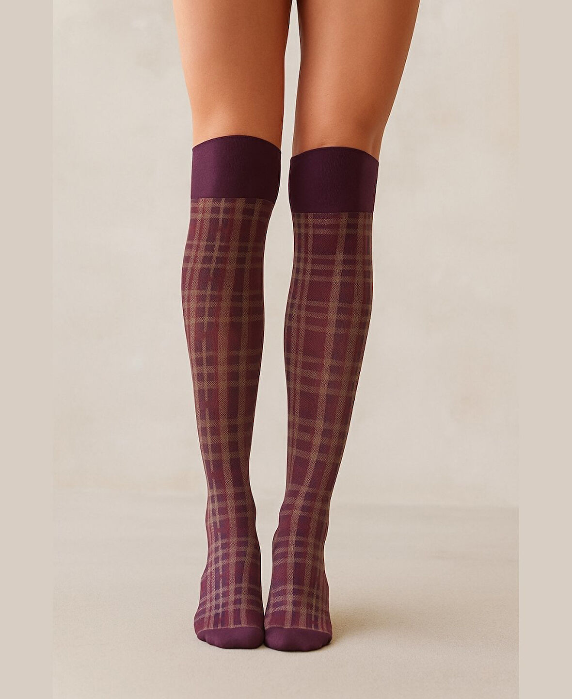 Heidi Bordo/Karadut Ekose Desen Esnek Diz Hizası Pantolon Çorabı