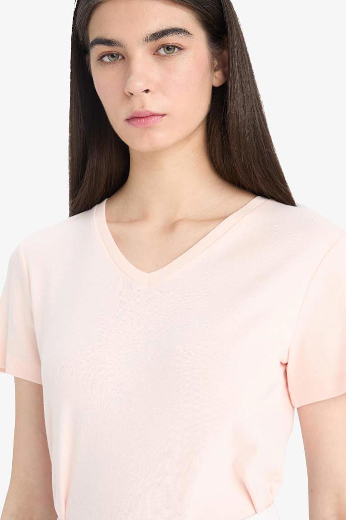 DeFacto Slim Fit Dar Kesim V Yaka Basic Düz Ribana Kısa Kollu Tişört I1080AZ25SPPN350