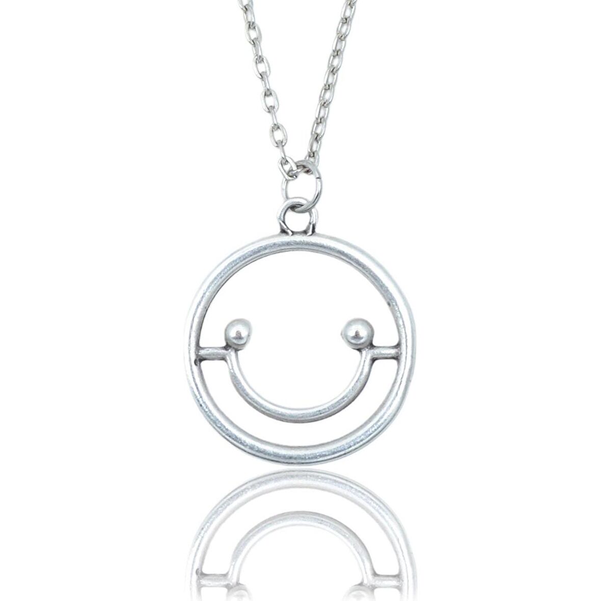 Büyük Gülen Surat - Smile Erkek Kadın Kolye Antik Gümüş Kaplama - 60 cm Düz Zincir