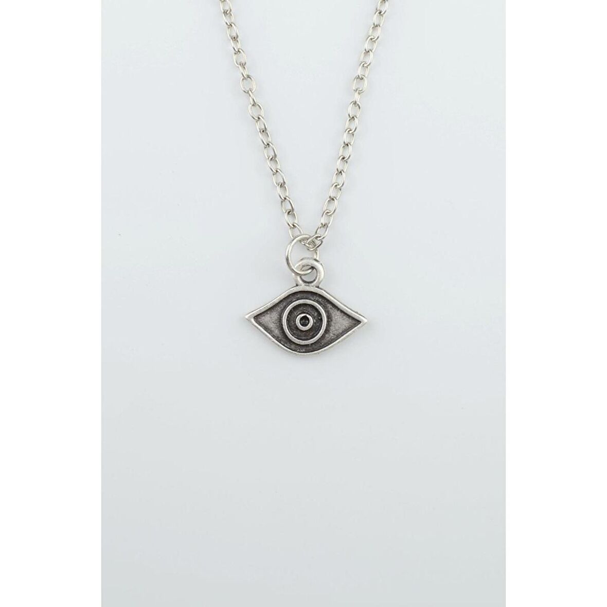 Minimal Göz Erkek Kadın Kolye Antik Gümüş Kaplama - 60 cm Düz Zincir
