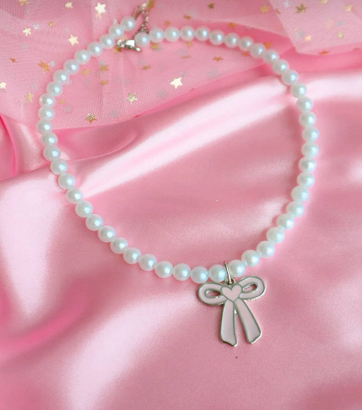 Toz Pembe Fiyonk Kurdele Kadın İnci Kolye