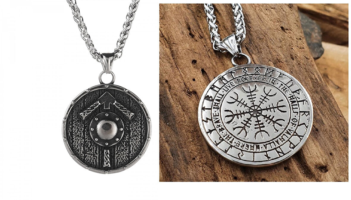 Viking Nordik Kalkanı Vegvisir kolye İskandinav  Paslanmaz Çelik Gümüş Çift Taraflı Kolye