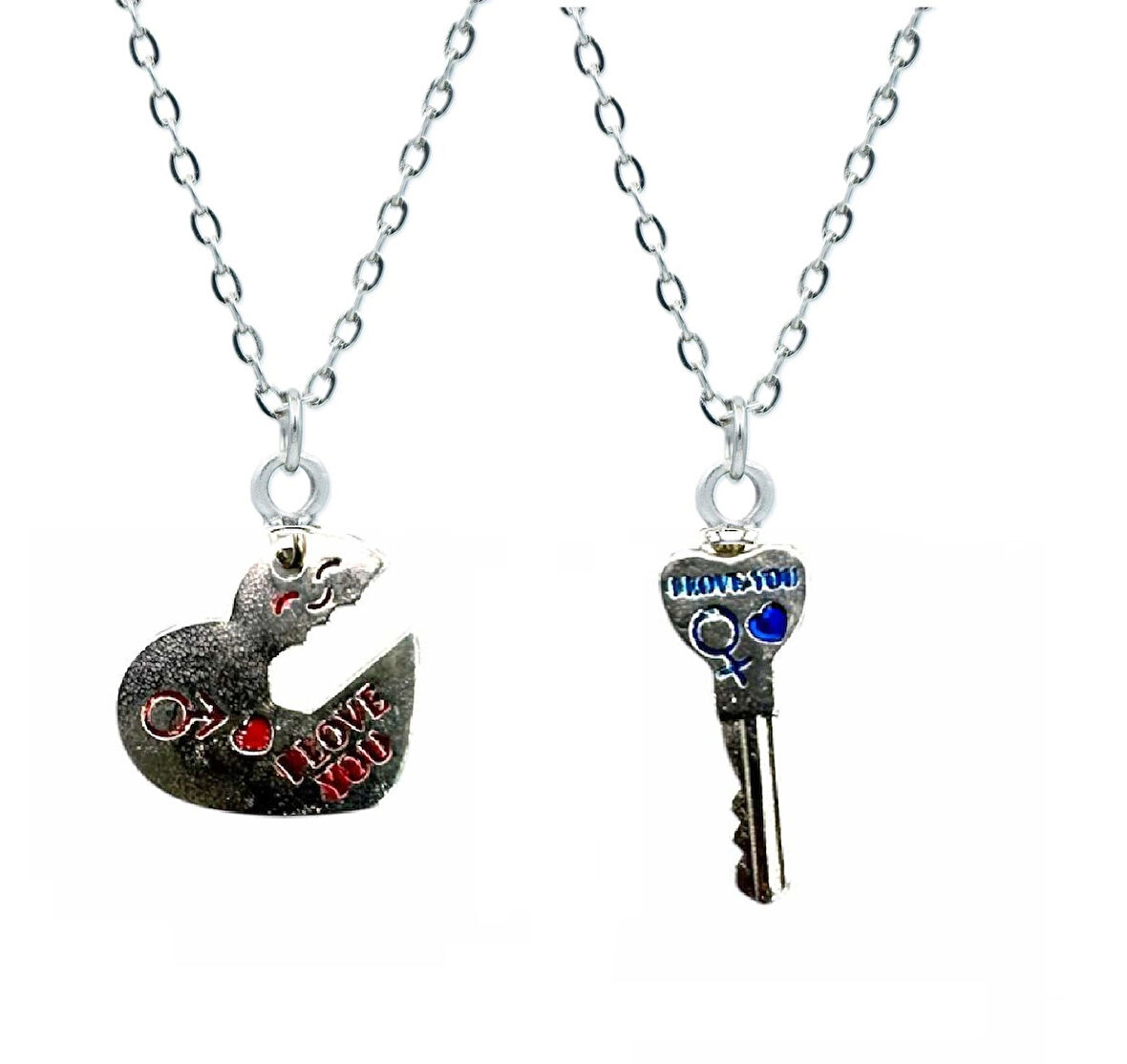 Kalp Kilit İkili Kolye Çift 60cm Gümüş Kaplama