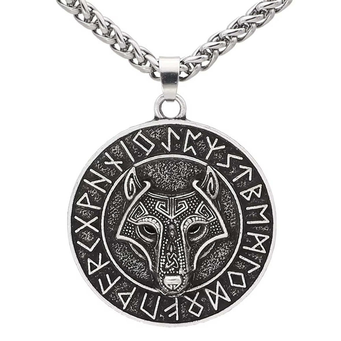 Viking Savaşçı Kurt Kabartma Nordik İskandinav Rune Titanyum Paslanmaz Çelik Erkek Kolye 3D