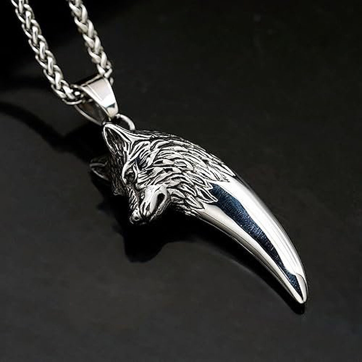 İskandinav Viking Kurt Kafası Kolye Gotik Dişi Kurt Paslanmaz Çelik Kolye